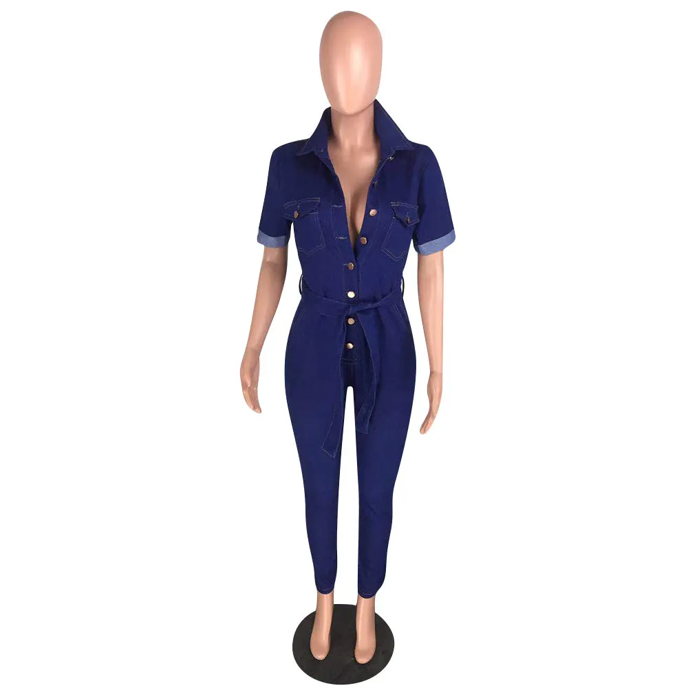 90906-MX47 dark blue belted denim jumpsuits womens jeans