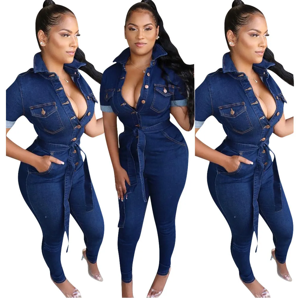 90906-MX47 dark blue belted denim jumpsuits womens jeans