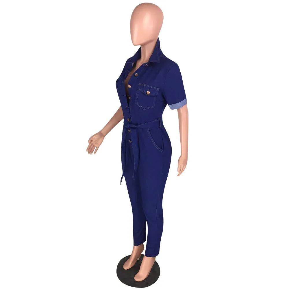 90906-MX47 dark blue belted denim jumpsuits womens jeans