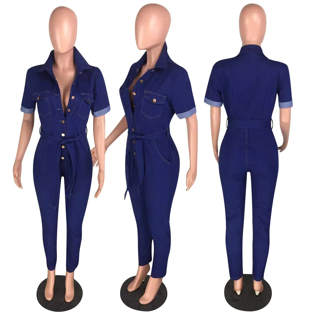 90906-MX47 dark blue belted denim jumpsuits womens jeans