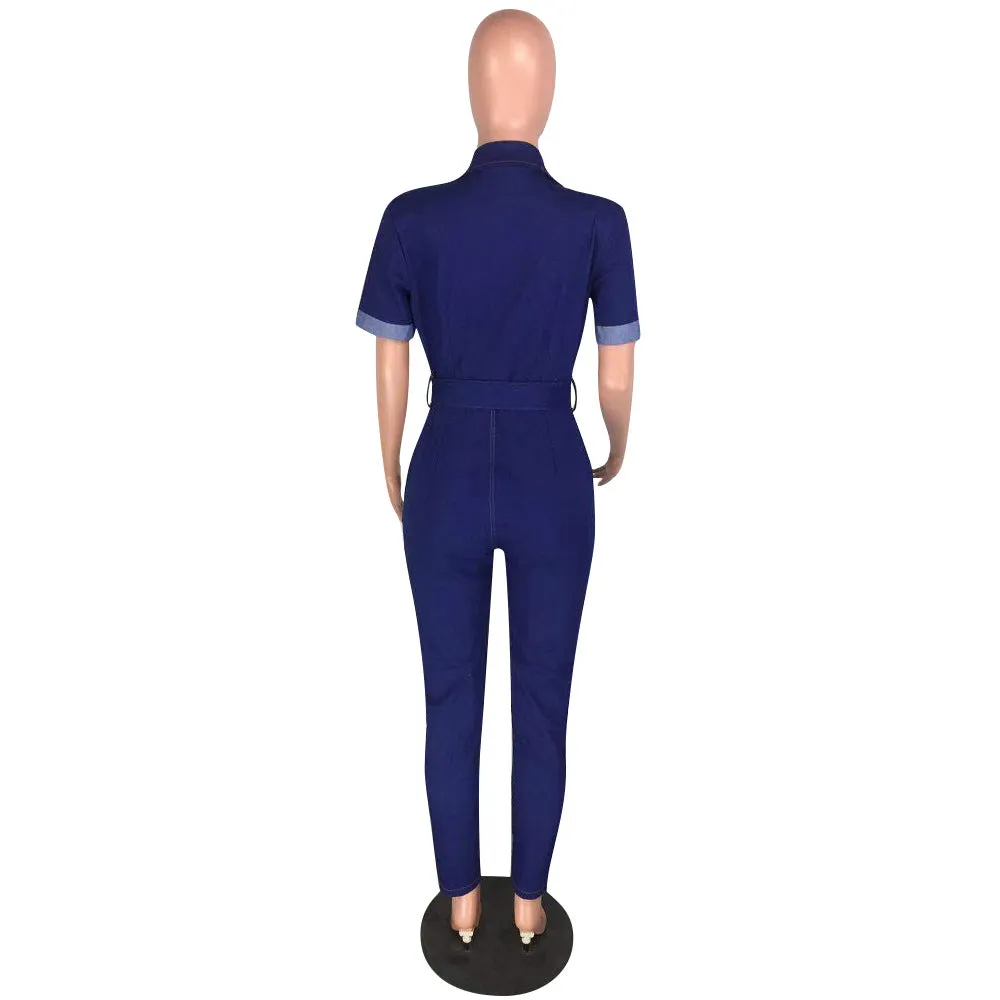 90906-MX47 dark blue belted denim jumpsuits womens jeans