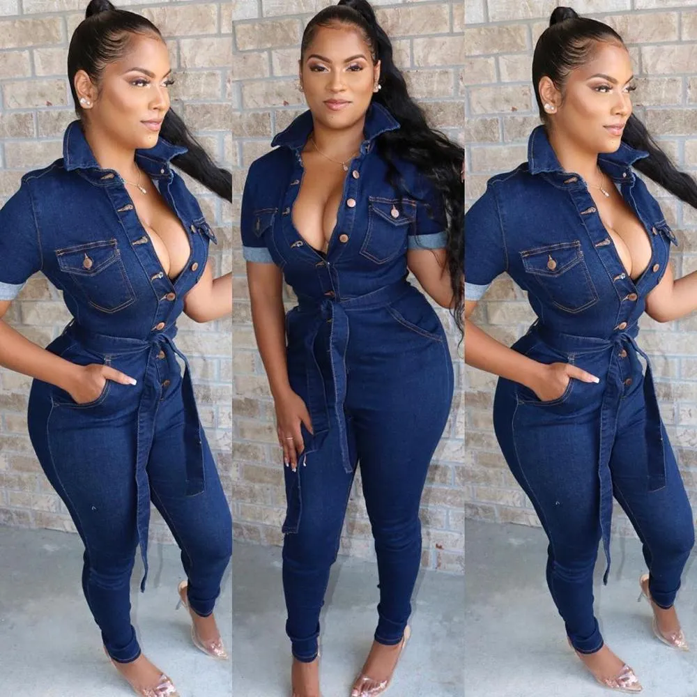 90906-MX47 dark blue belted denim jumpsuits womens jeans