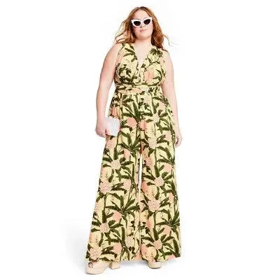 Agua Bendita Sleeveless Cutout Back Full-Length Jumpsuit, Botanical Olive/Yellow