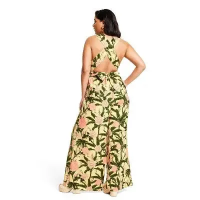 Agua Bendita Sleeveless Cutout Back Full-Length Jumpsuit, Botanical Olive/Yellow