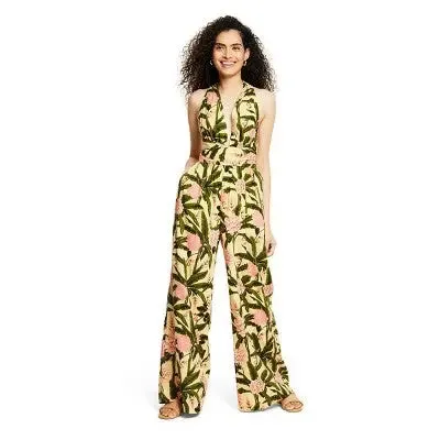 Agua Bendita Sleeveless Cutout Back Full-Length Jumpsuit, Botanical Olive/Yellow