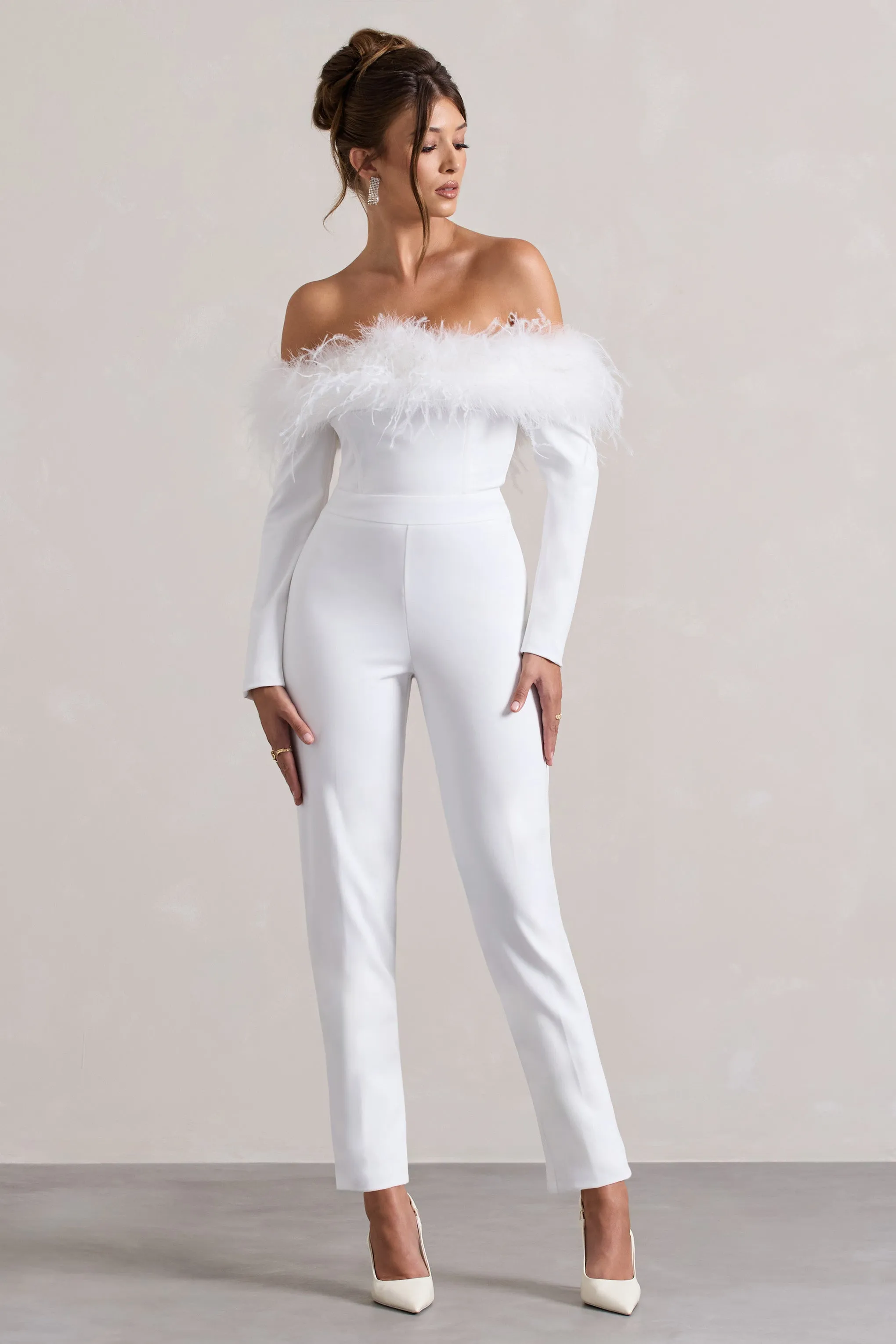 Ales | Black Bardot Tailored Straight-Leg Jumpsuit With Feather Trim