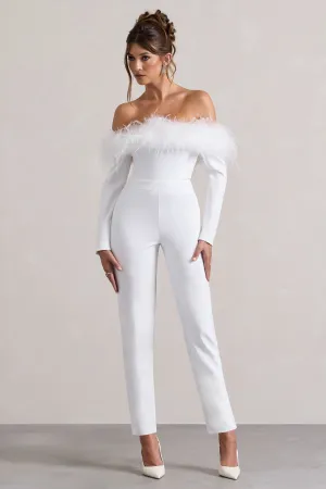 Ales | White Bardot Tailored Straight-Leg Jumpsuit With Feather Trim