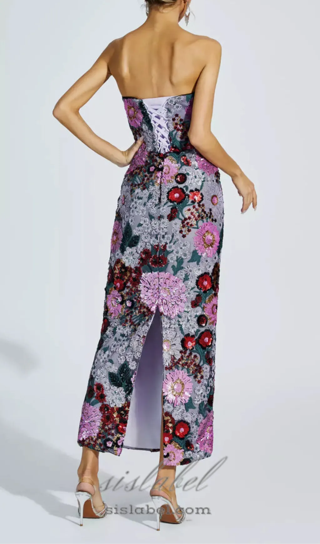 ANGELA MULTICOLOR FLOWER SEQUINS RUFFLED SHOULDER MIDI DRESS