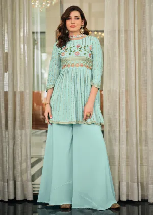 Aqua Blue Festive Wear Georgette Palazzo Salwar Suit