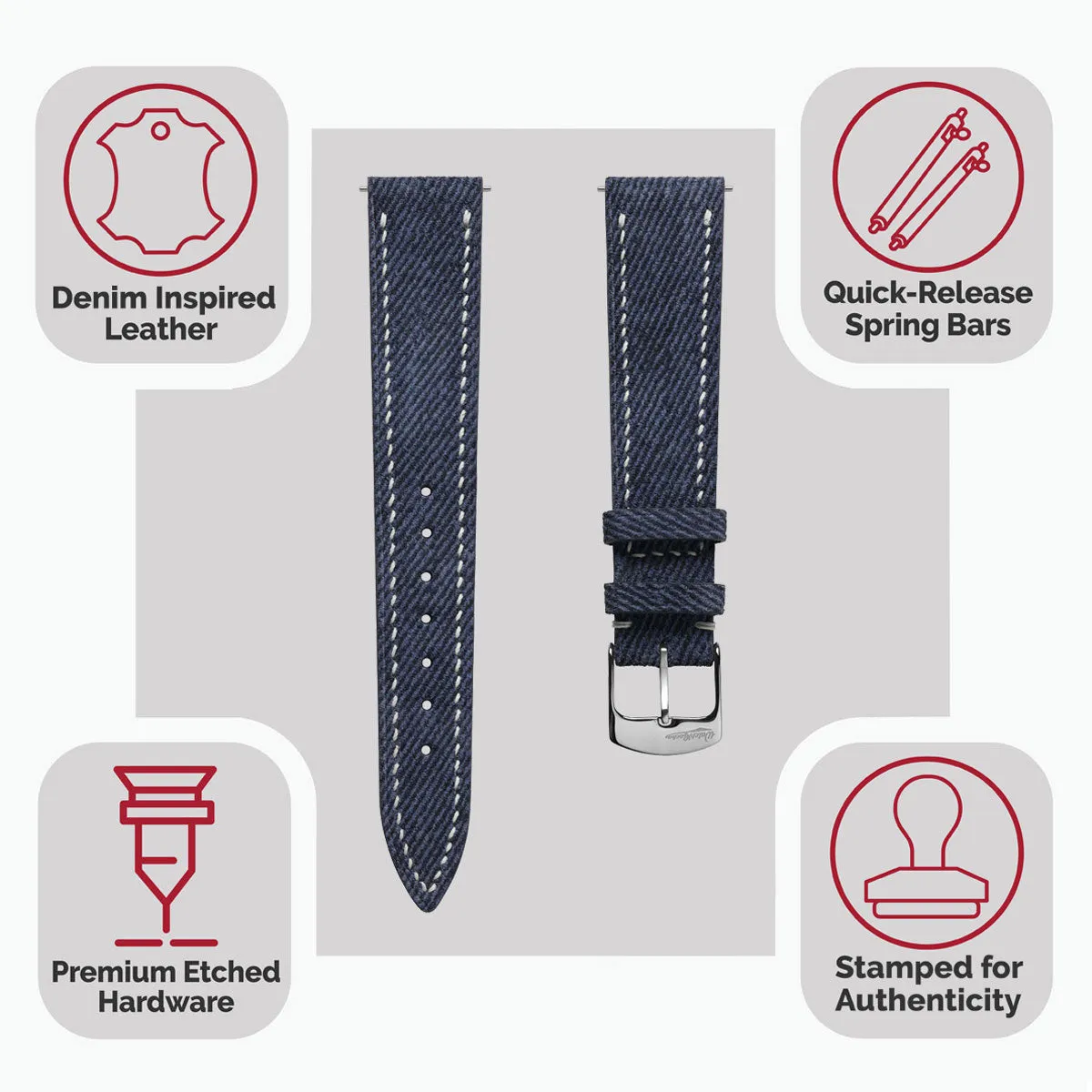 Arbour Hand-Stitched Denim Design Genuine Leather Watch Strap - Navy Blue