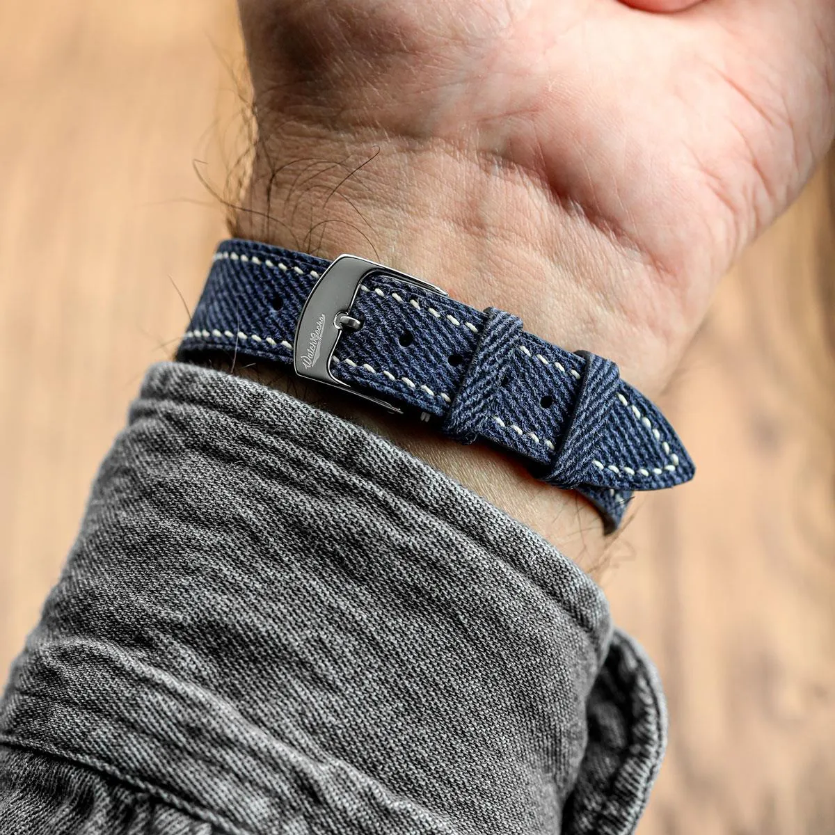 Arbour Hand-Stitched Denim Design Genuine Leather Watch Strap - Navy Blue