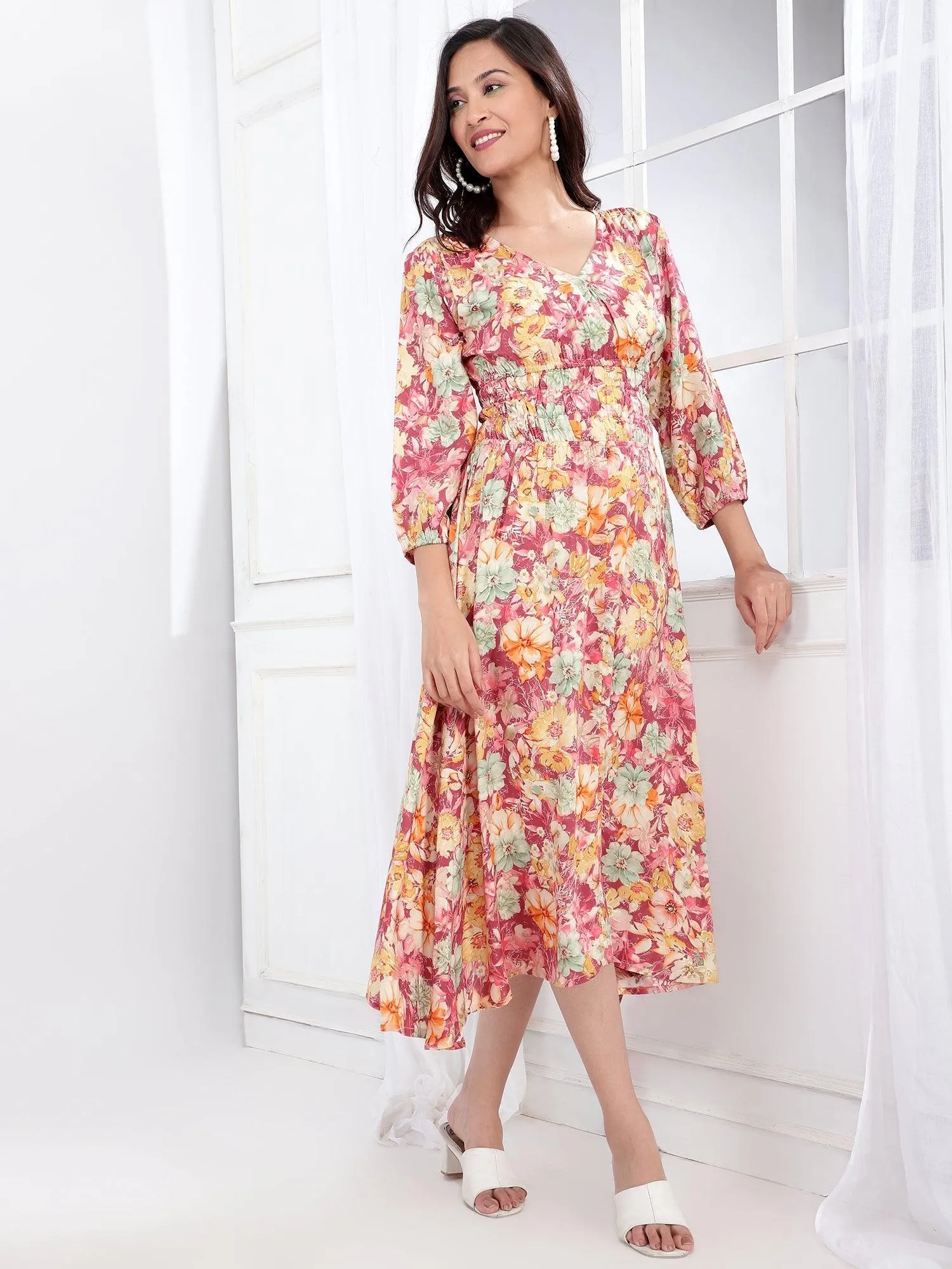 Avya Floral Printed A-Line Midi Dress