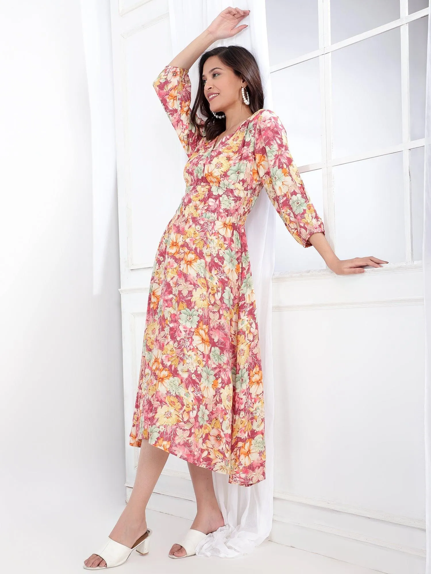 Avya Floral Printed A-Line Midi Dress