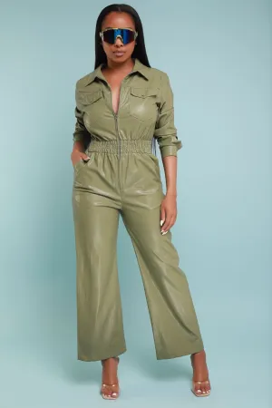 Back To Us Faux Leather Jumpsuit - Sage