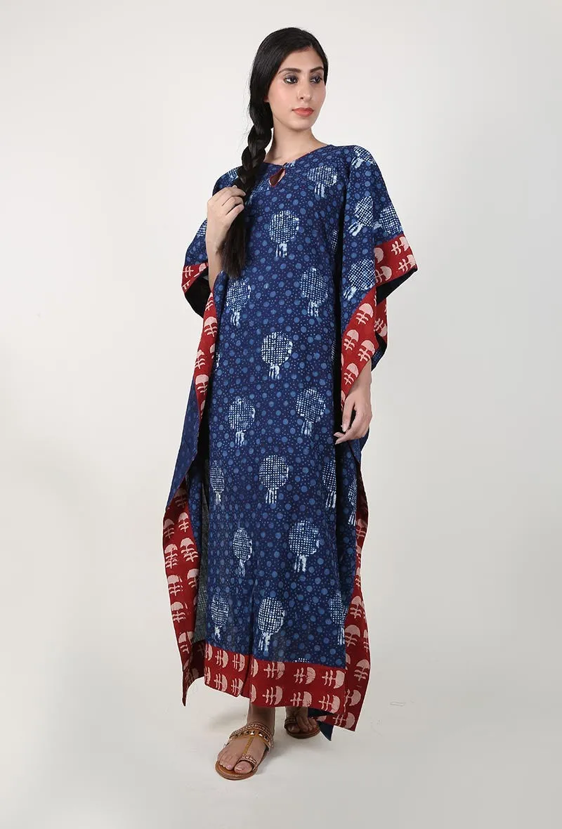 Bagru Indigo Kaftan With Crimson Red Border