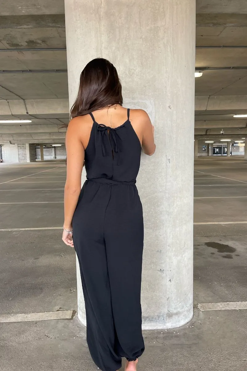 Black Halterneck Side Split Belted Jumpsuit