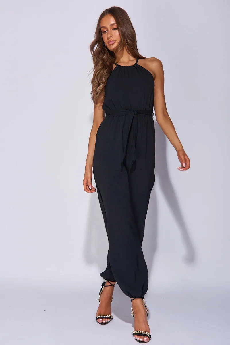 Black Halterneck Side Split Belted Jumpsuit