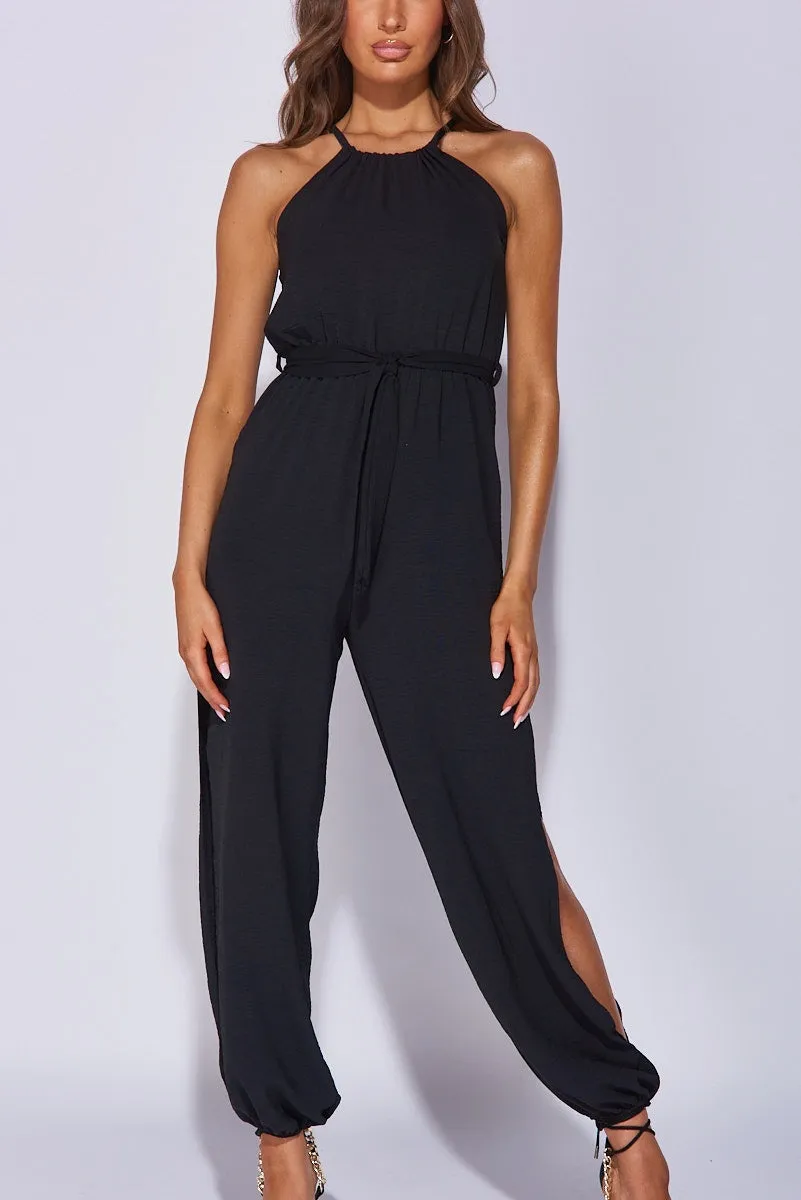 Black Halterneck Side Split Belted Jumpsuit