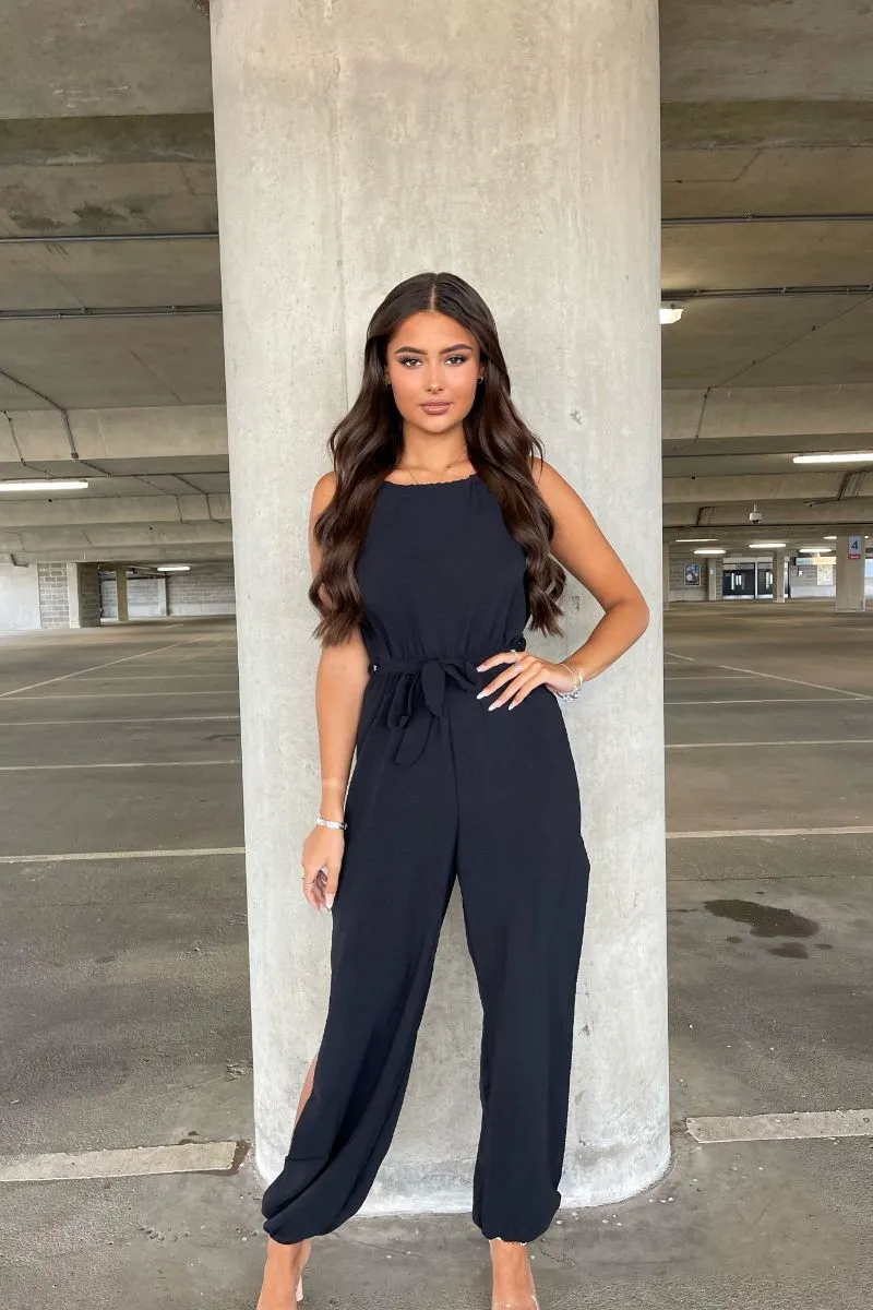 Black Halterneck Side Split Belted Jumpsuit