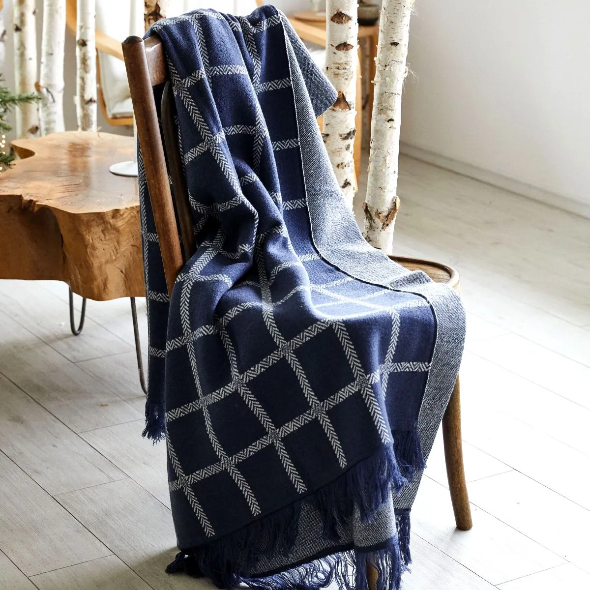 Blue Irish Oxford Merino Wool Check Blanket