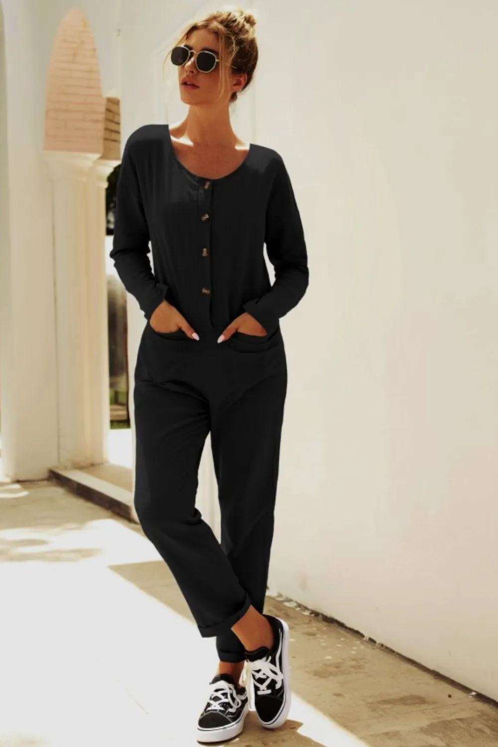 Buttoned Drop Shoulder Pocket Jumpsuit