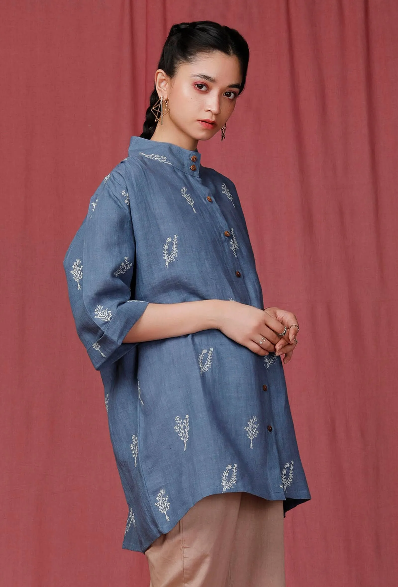 Caroline Blue Handblock Printed Linen Shirt