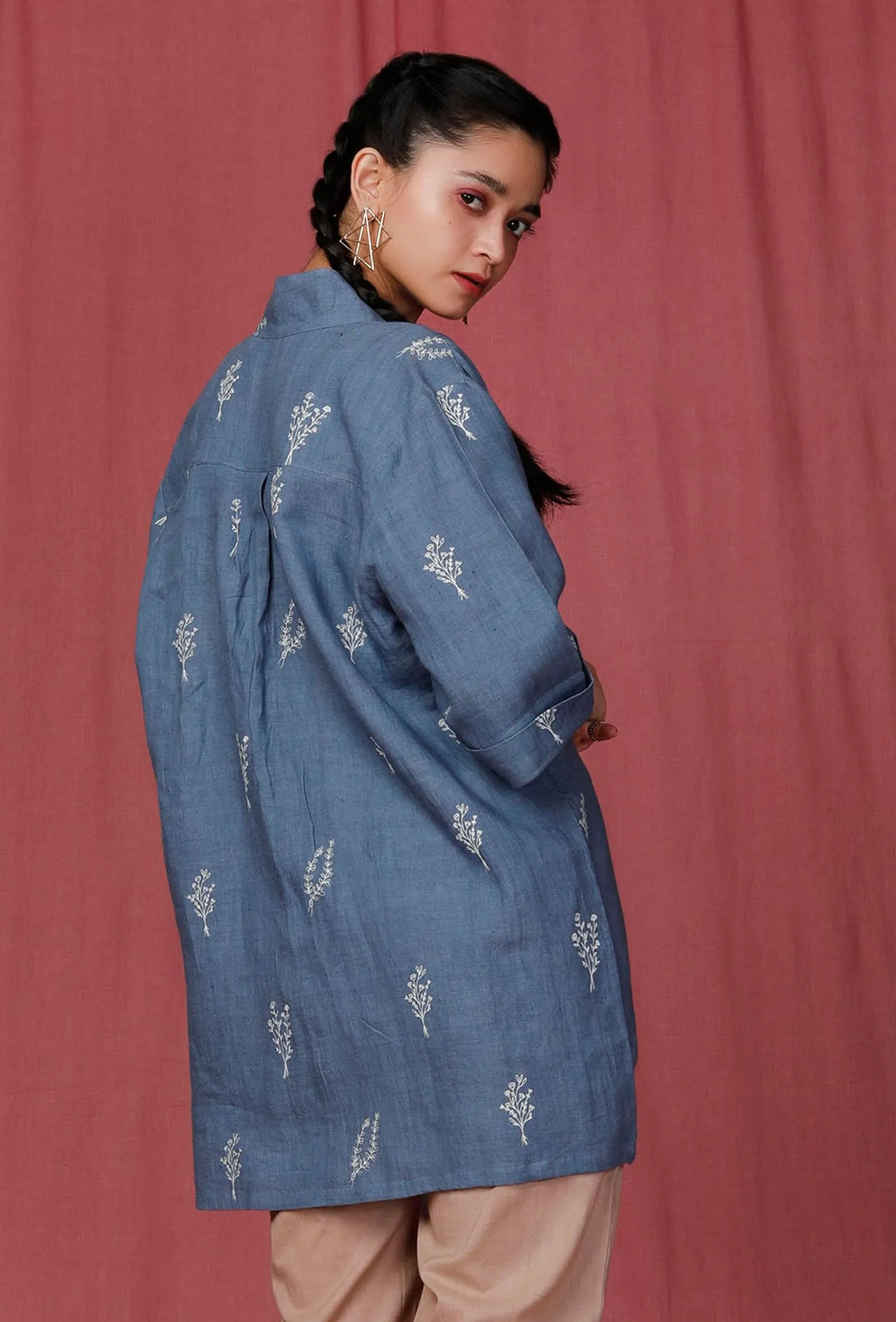 Caroline Blue Handblock Printed Linen Shirt