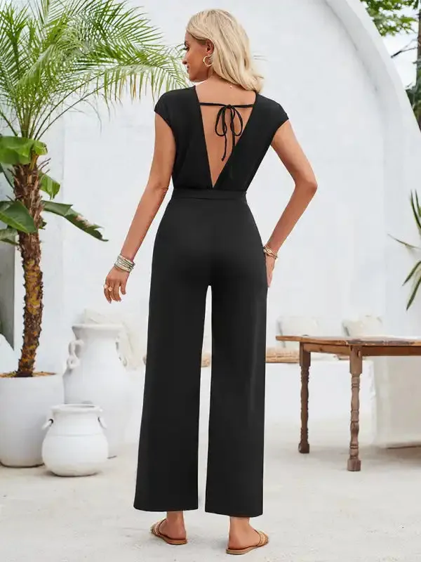 Casual solid color round neck short sleeve knitted women’s jumpsuit