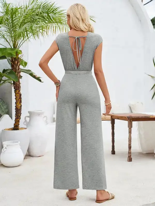 Casual solid color round neck short sleeve knitted women’s jumpsuit