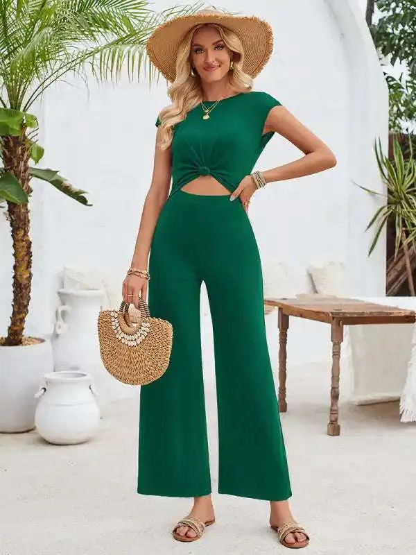 Casual solid color round neck short sleeve knitted women’s jumpsuit