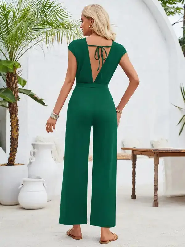 Casual solid color round neck short sleeve knitted women’s jumpsuit