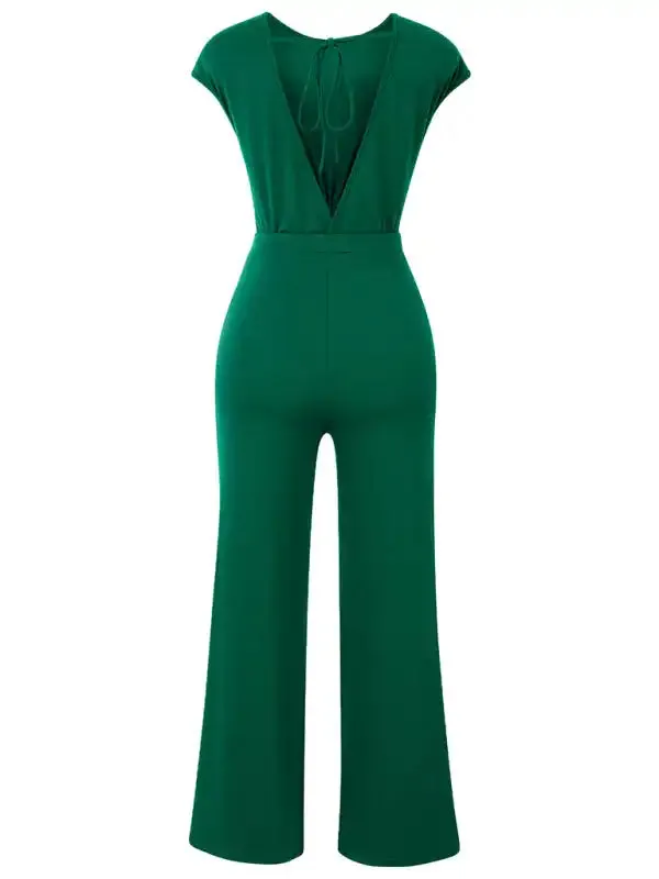 Casual solid color round neck short sleeve knitted women’s jumpsuit