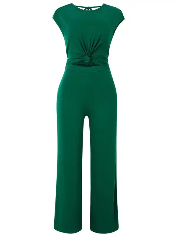 Casual solid color round neck short sleeve knitted women’s jumpsuit