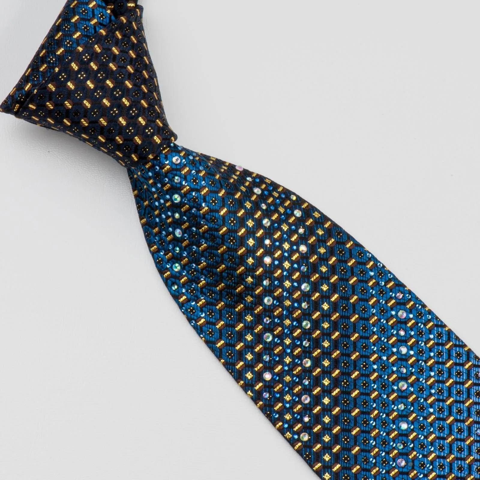 Countess Mara Men's Silk Rhinestone Tie Blue & Gold Geometric Design On Black