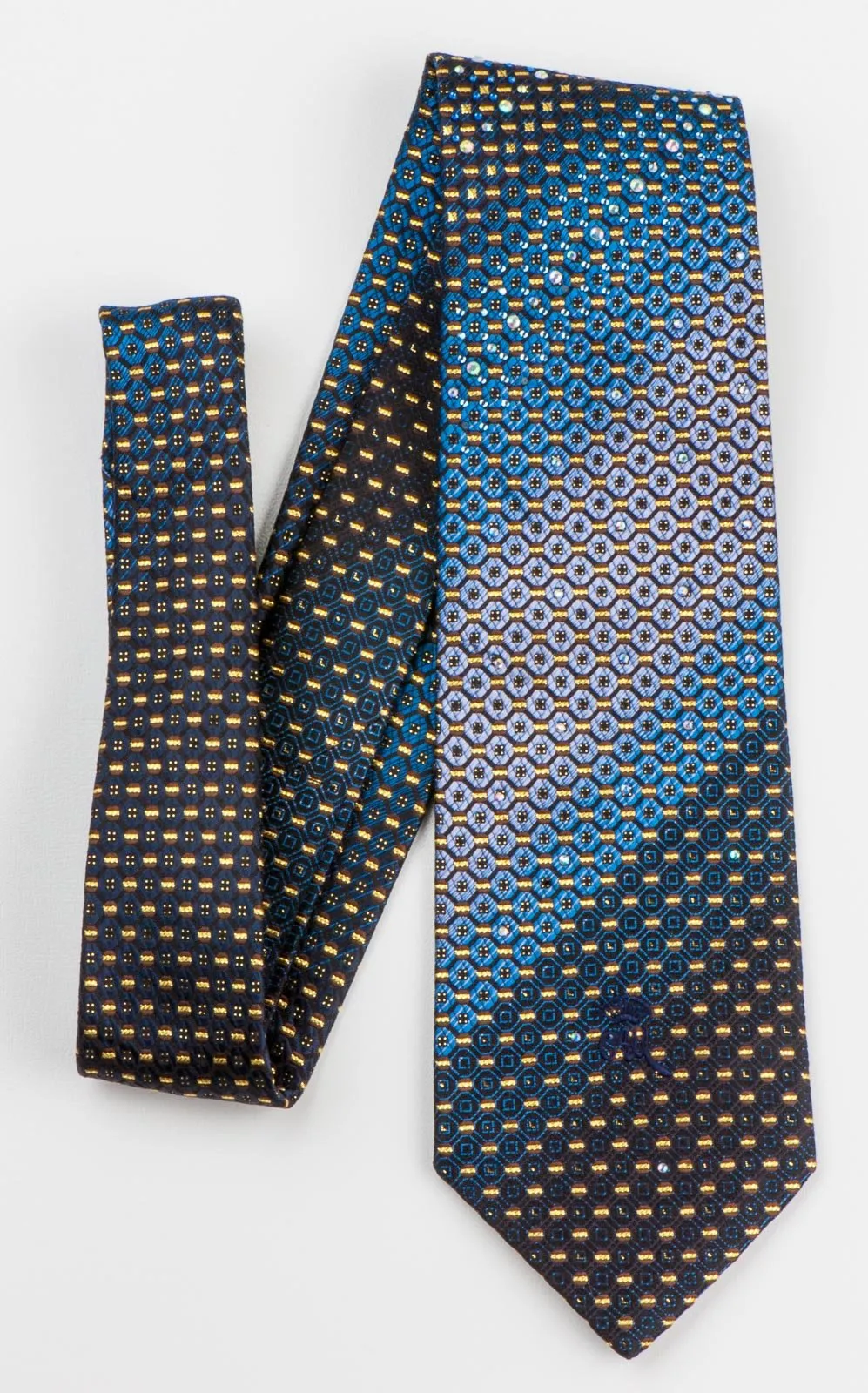 Countess Mara Men's Silk Rhinestone Tie Blue & Gold Geometric Design On Black