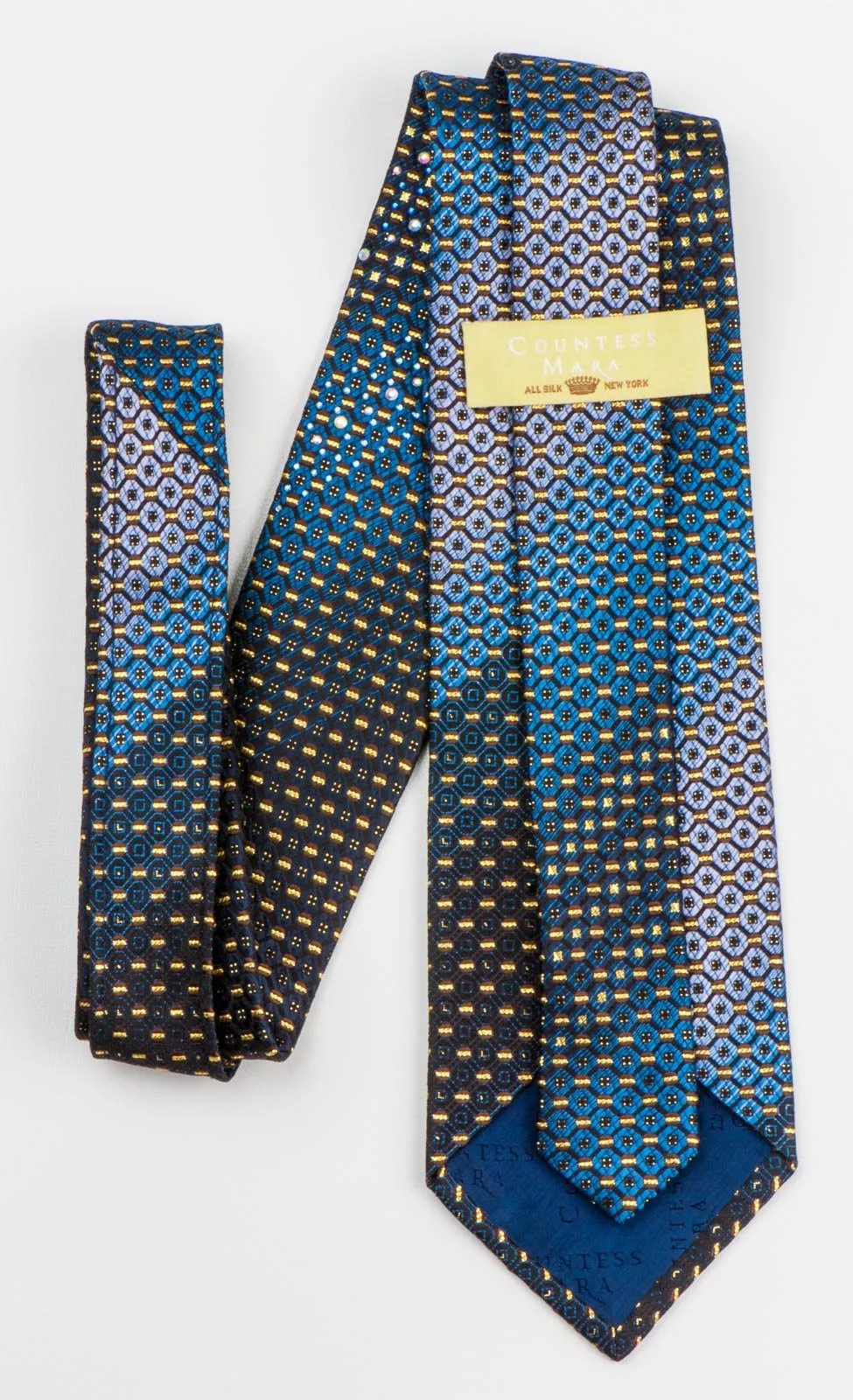 Countess Mara Men's Silk Rhinestone Tie Blue & Gold Geometric Design On Black