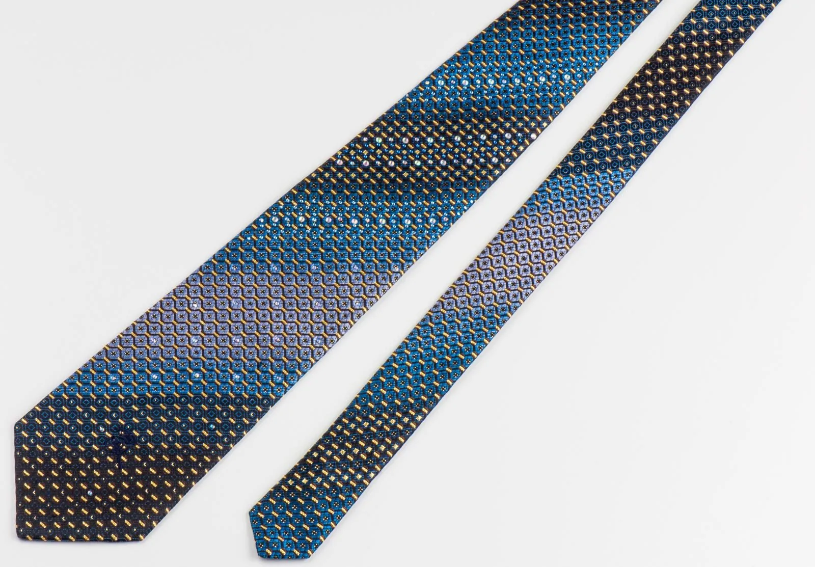 Countess Mara Men's Silk Rhinestone Tie Blue & Gold Geometric Design On Black