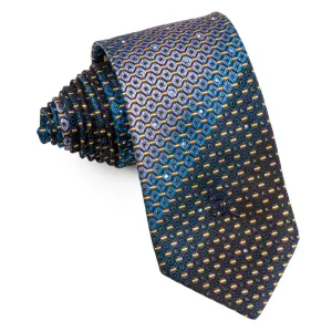 Countess Mara Men's Silk Rhinestone Tie Blue & Gold Geometric Design On Black