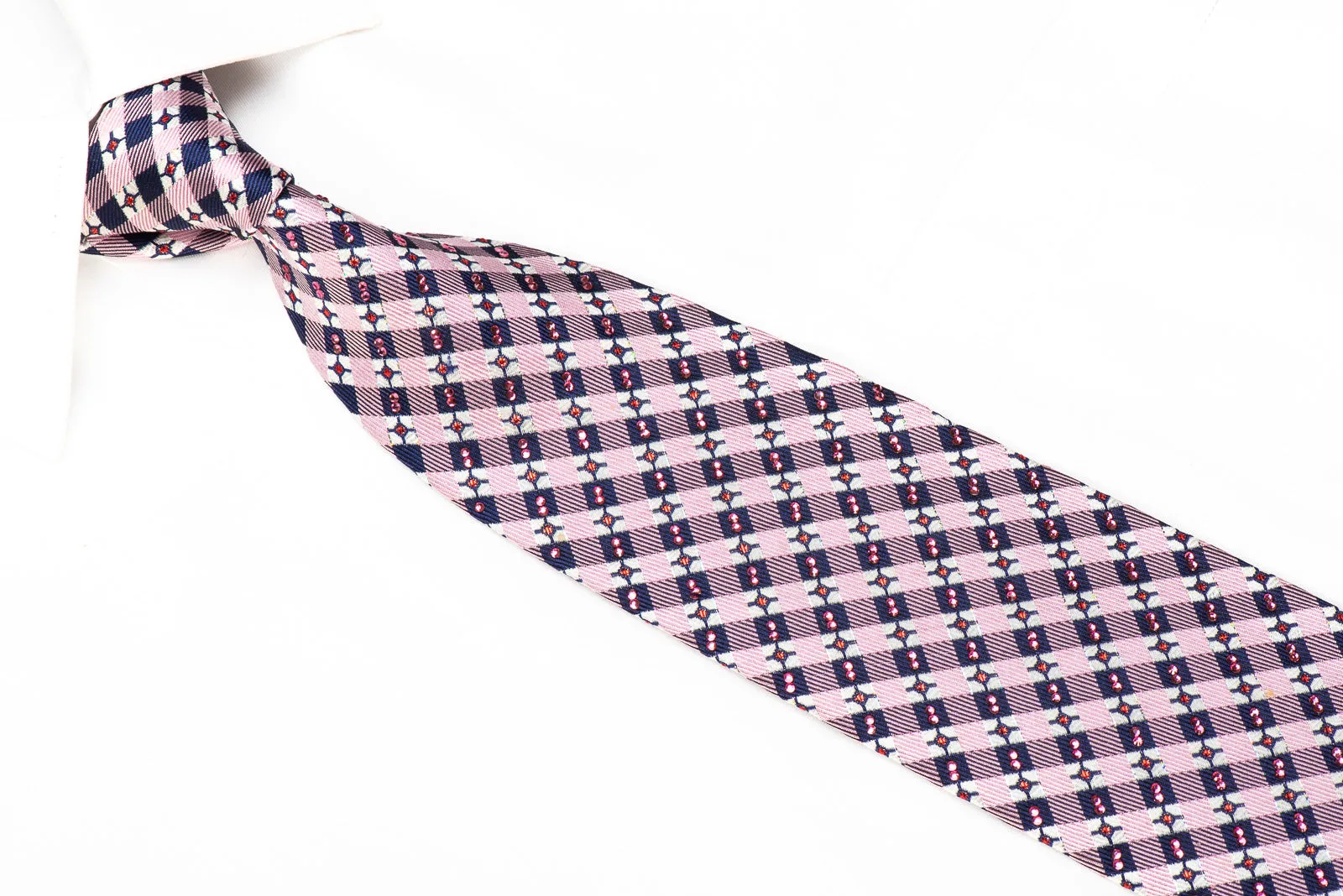 Daks Mens' Silk Crystal Necktie Pink Navy Checkered With red Sparkles