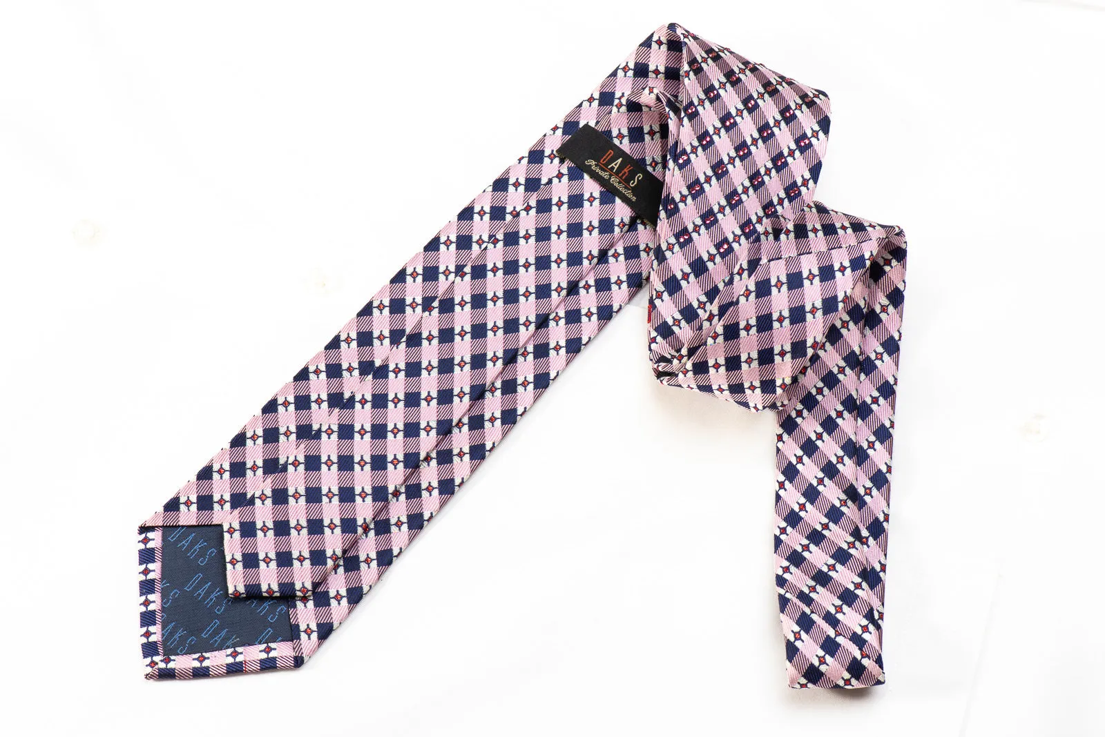 Daks Mens' Silk Crystal Necktie Pink Navy Checkered With red Sparkles