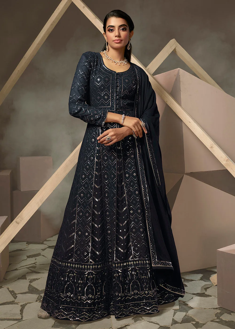 Deep Blue Lucknowi Style Embroidered Georgette Gown