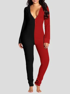 Deep V-Neck Button-Style Functional Long Sleeve Jumpsuit