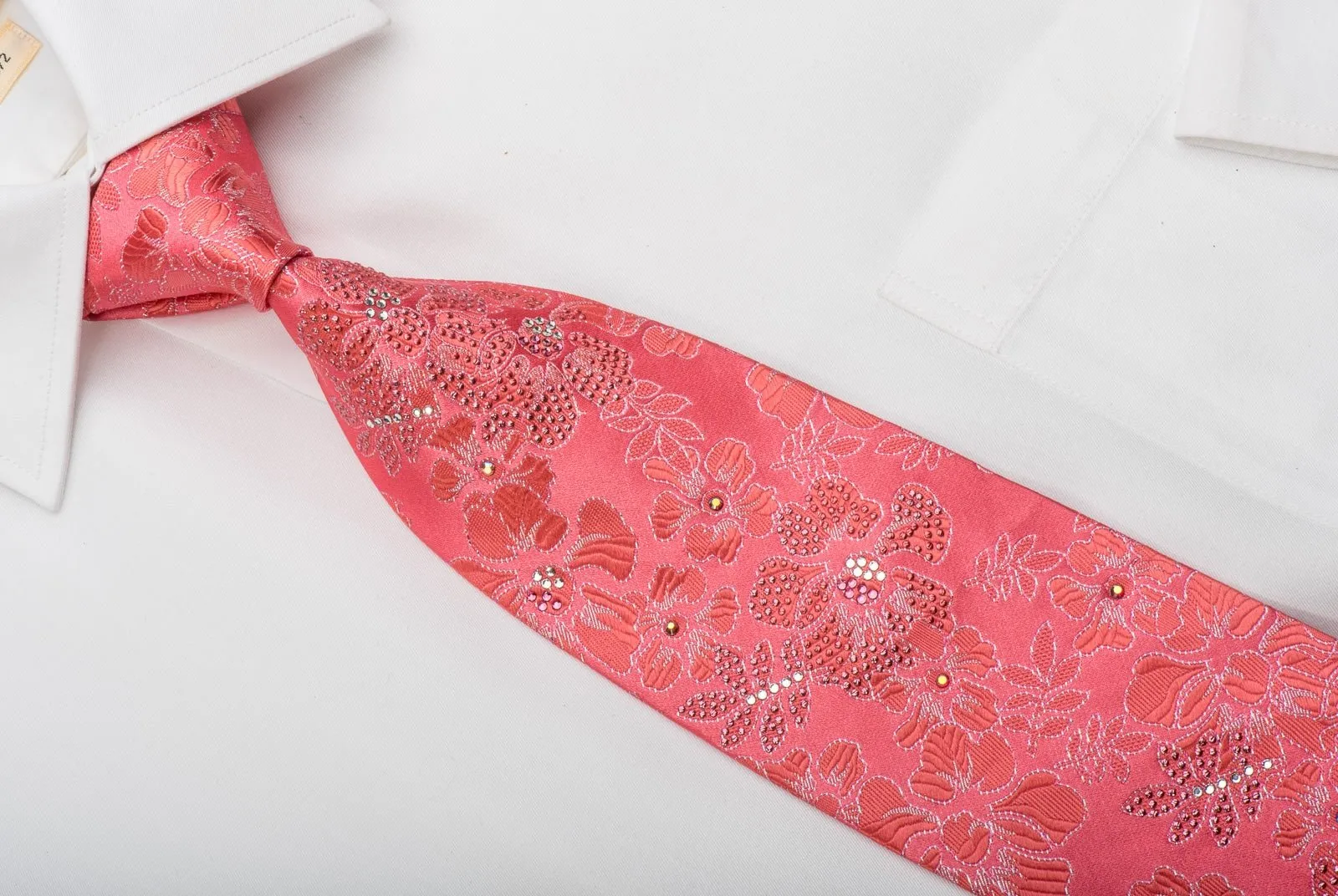 Elegance Rhinestone Silk Necktie Floral On Pink With Silver Sparkles