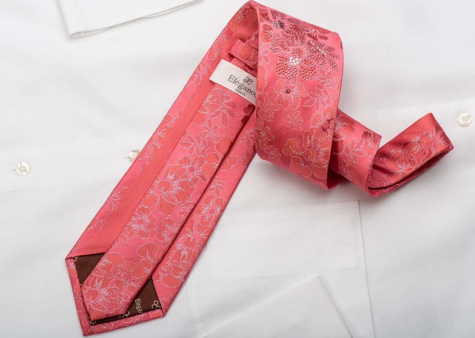 Elegance Rhinestone Silk Necktie Floral On Pink With Silver Sparkles