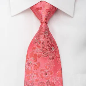 Elegance Rhinestone Silk Necktie Floral On Pink With Silver Sparkles