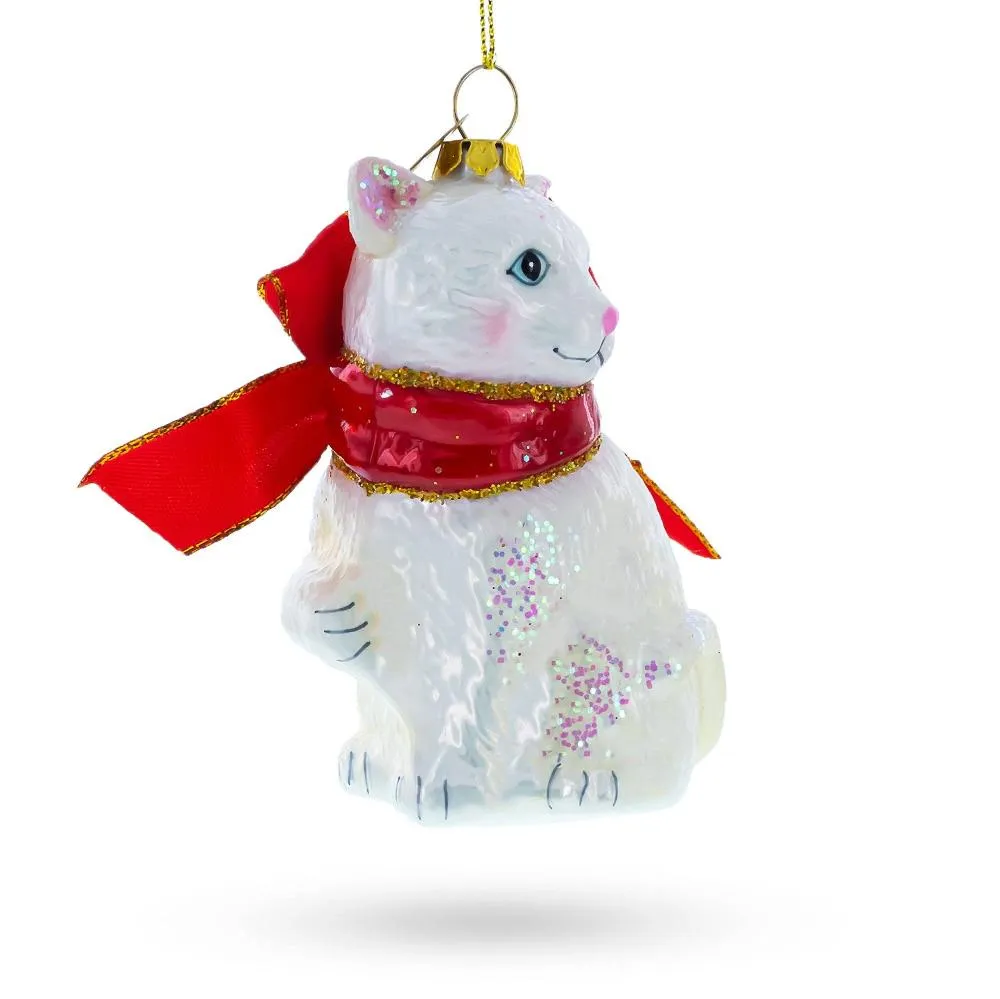 Elegant White Persian Cat Glass Christmas Ornament