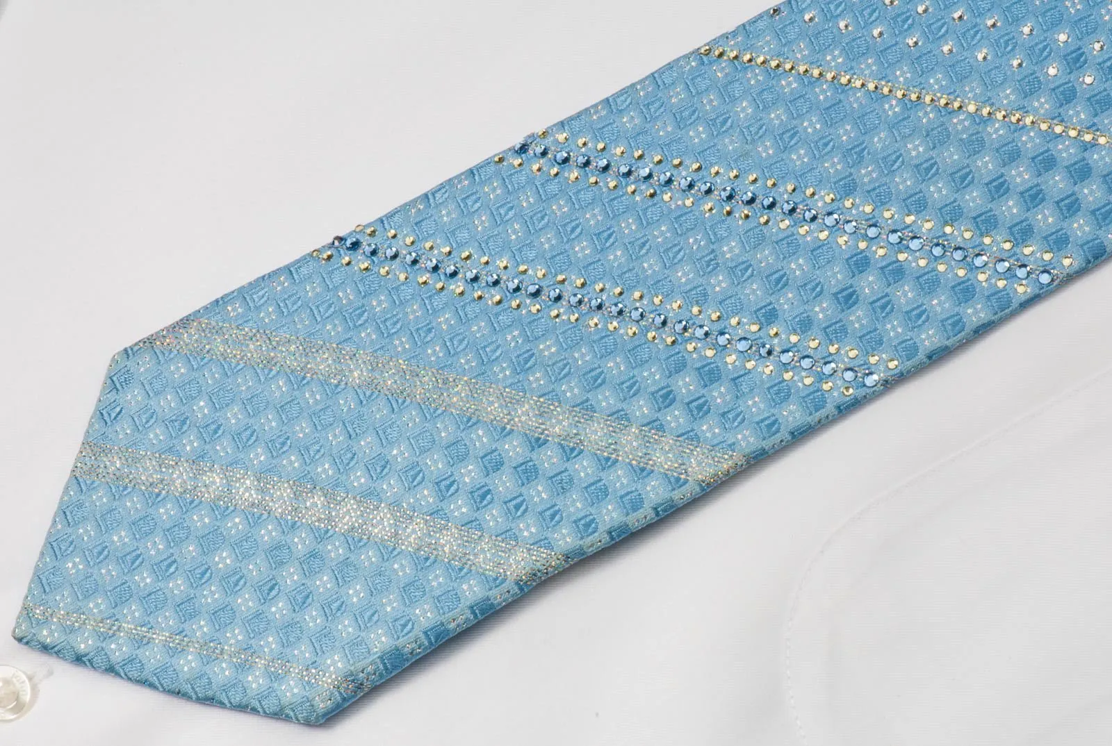 Elle Homme Men's Silk Necktie Striped Rhinestones On Blue With Silver Sparkles