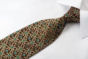 Elle Homme Silk Rhinestone Necktie Golden Scrolls On Brown With Blue Sparkles