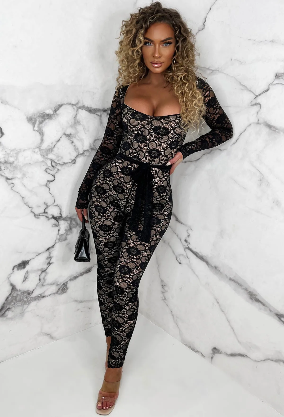 Enchanting Elegance Black Fitted Belted Lined Lace Jumpsuit