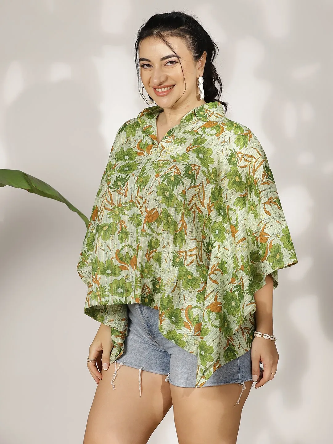 GreenFloral Cotton Kaftan Top